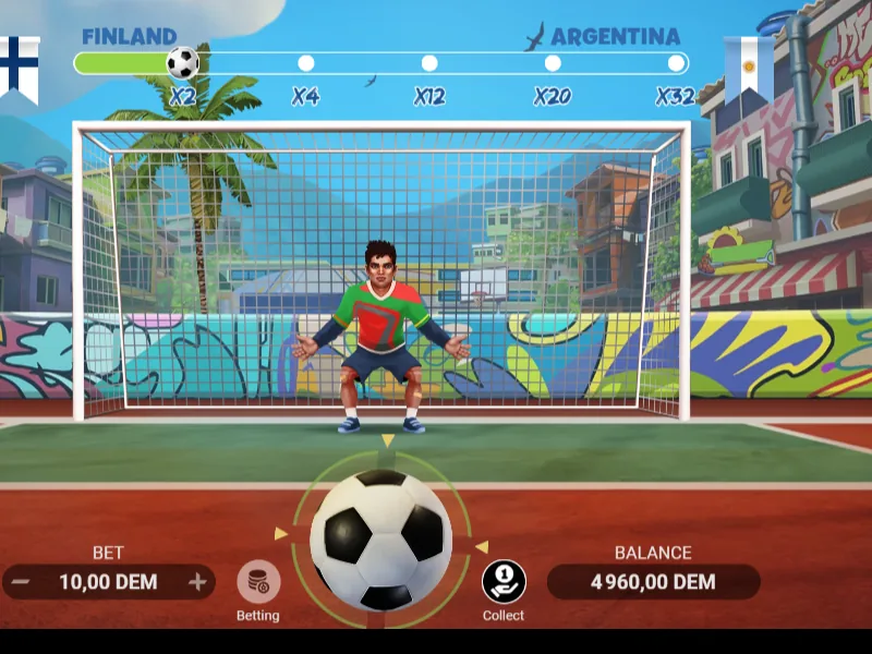 Jeu du penalty : la mise de 10,00 DEM à gauche, le bouton Collect à droite du ballon, le solde après deux manches